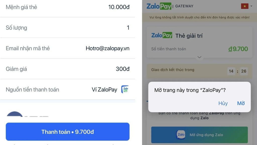 tiến hành thanh toán thẻ garena bằng zalo Pay