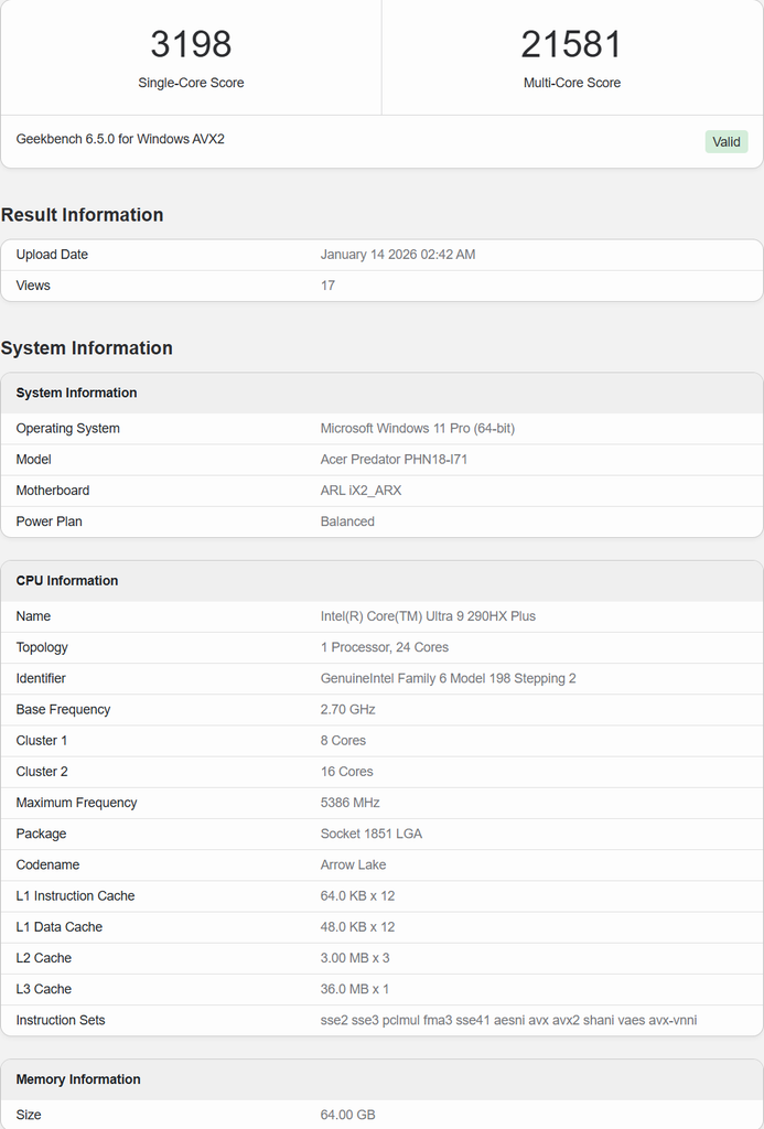 kết quả kiểm tra Intel Core Ultra 9 290HX Plus qua Geekbench 6