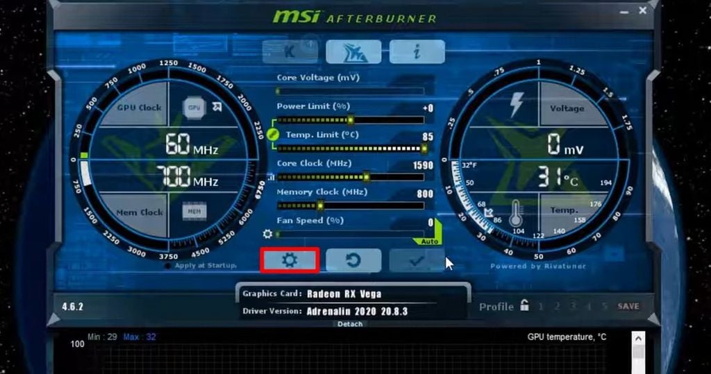 Khởi động phần mềm MSI Afterburner sau khi cài đặt xong