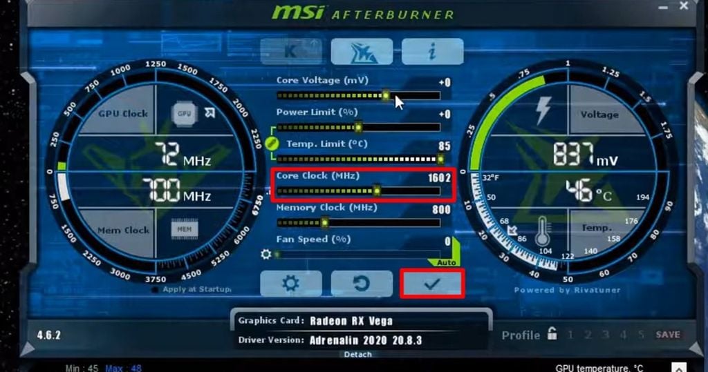 điều chỉnh tăng dần giá trị Core Clock khi dùng MSI Afterburner