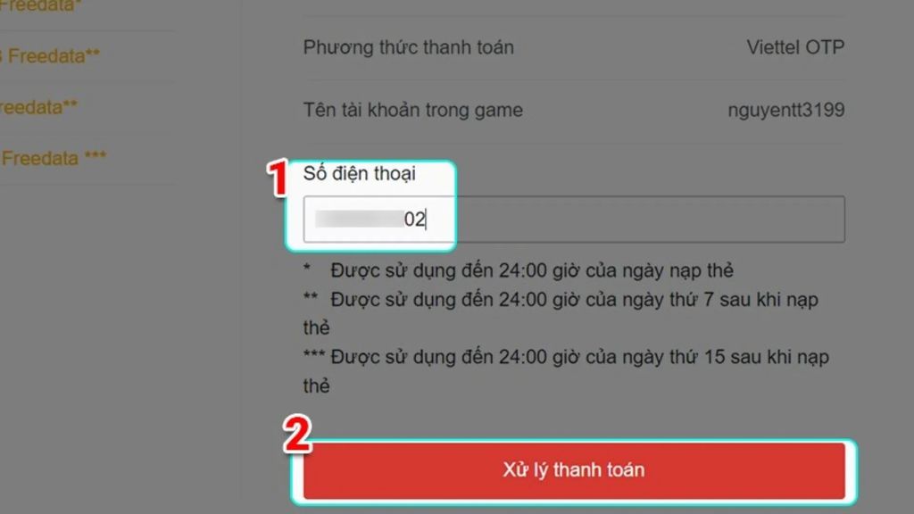 nhập số điện thoại là bước cuối khi mua thẻ garena bằng thẻ cào