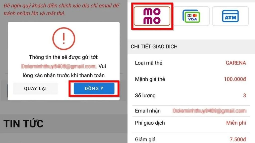 chọn ví momo để chuẩn bị thanh toán bằng thẻ garena