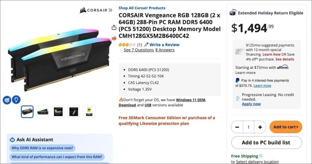 giá RAM 64GB DDR5 đã vượt xa PS5