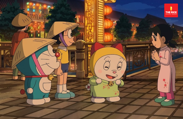 Doraemon and his friends looked very charming in their Vietnamese ao dai dresses and conical hats