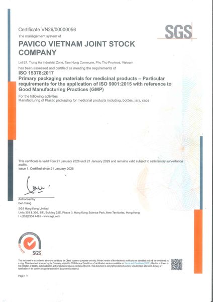Chứng nhận tiêu chuẩn ISO 15378 của PAVICO