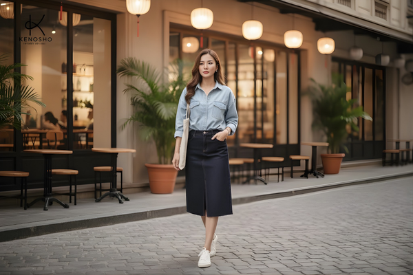 phối đồ với chân váy raw denim