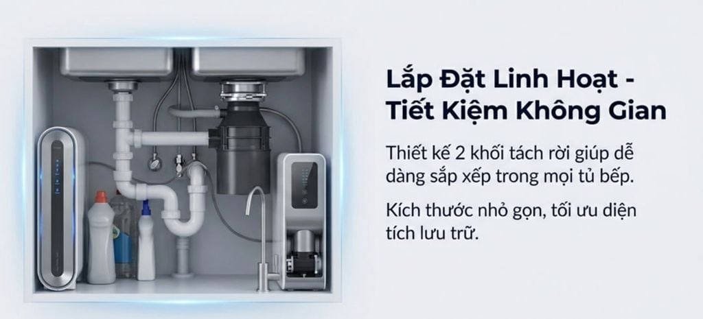Máy có thiết kế không bình chứa, giúp tối ưu diện tích và tăng tính tiện nghi