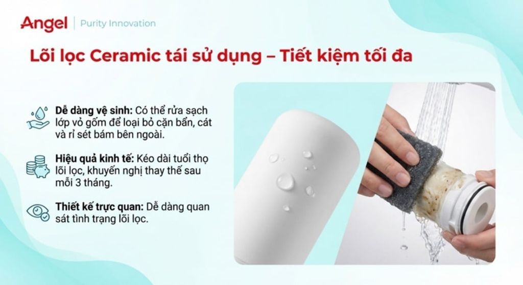 CF30 dùng lõi lọc gốm (Ceramic) có thể rửa và tái sử dụng