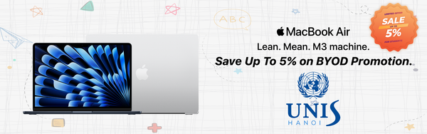 MacBook Air laptop image with BYOD promotion banner and 5% sale badge next to UNIS logo.