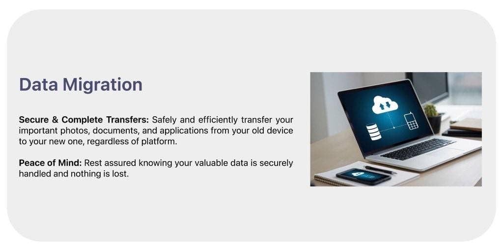 Data Migration service card with cloud and laptop illustration.