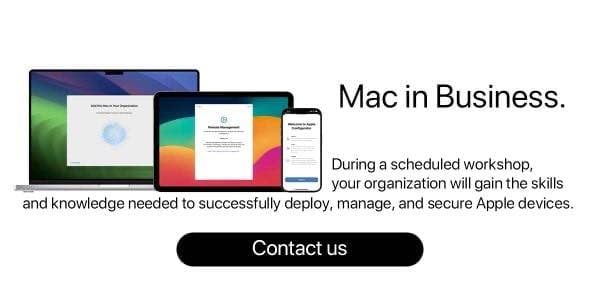 “Mac in Business” banner with Apple devices and contact button.