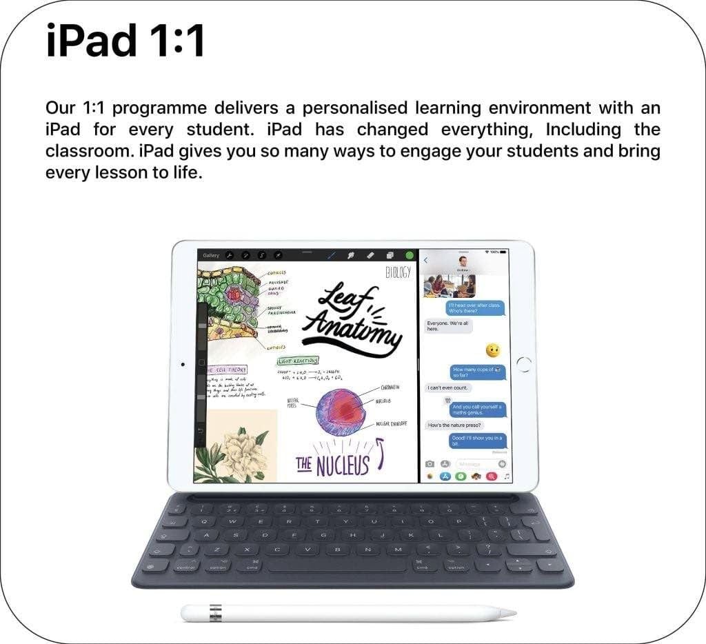 iPad 1:1 program image showing iPad with keyboard and stylus.