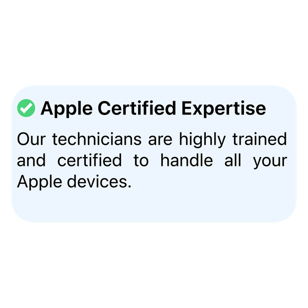 Apple Certified Expertise service card with green check icon.