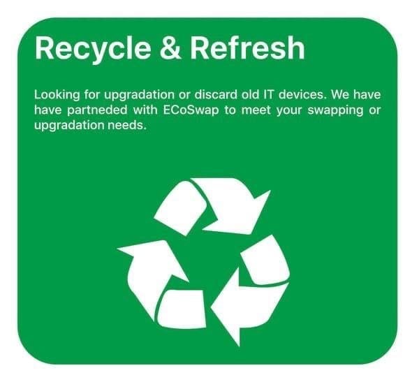 Recycle & Refresh green banner with recycling symbol.