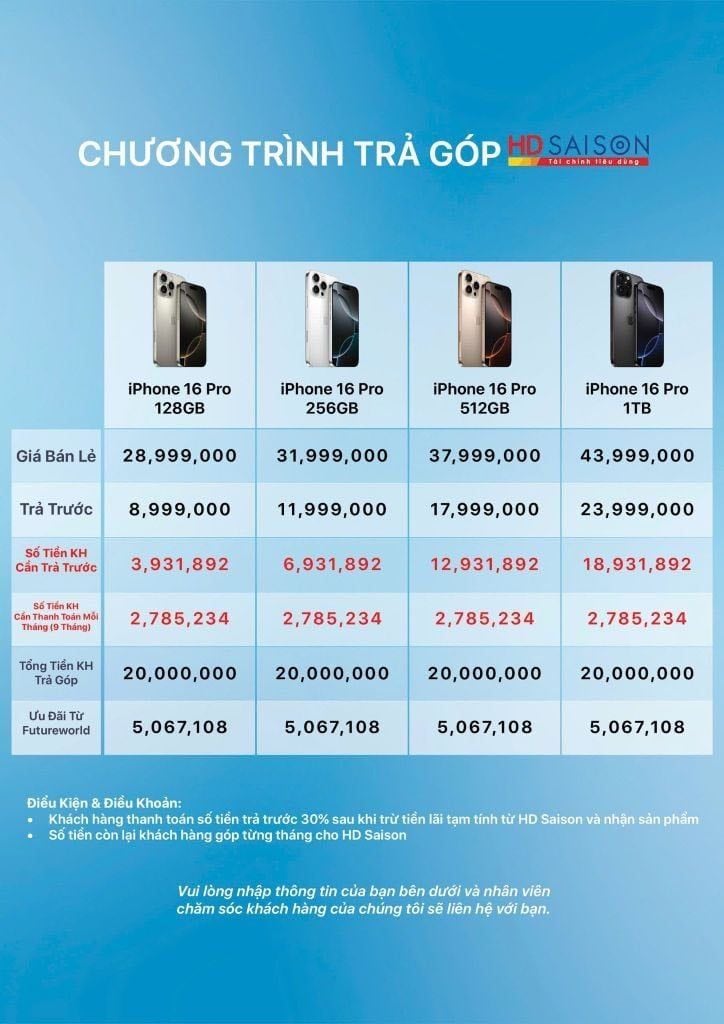 HD Saison installment plan table for iPhone 16 Pro 128GB, 256GB, 512GB, and 1TB showing pricing, down payment, monthly installment, and Futureworld benefits