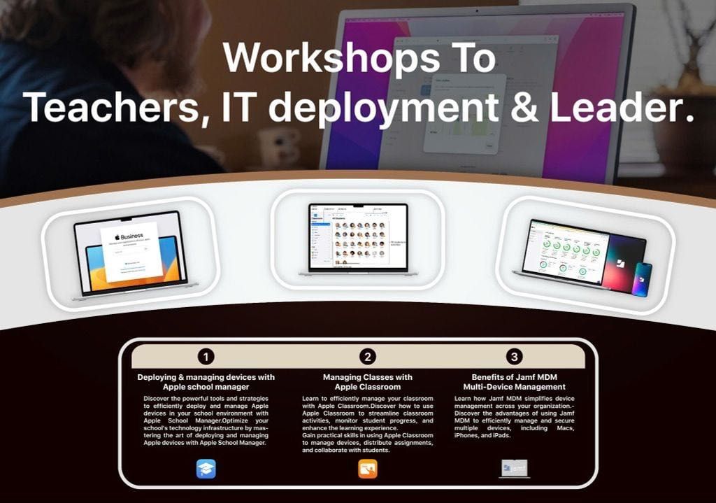 Workshops for Teachers, IT Deployment & Leaders banner with devices.