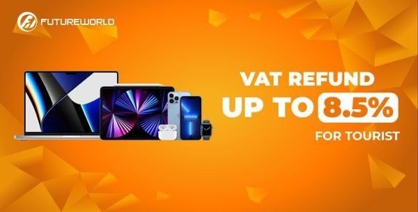 VAT refund promotional banner with Apple devices on orange background.