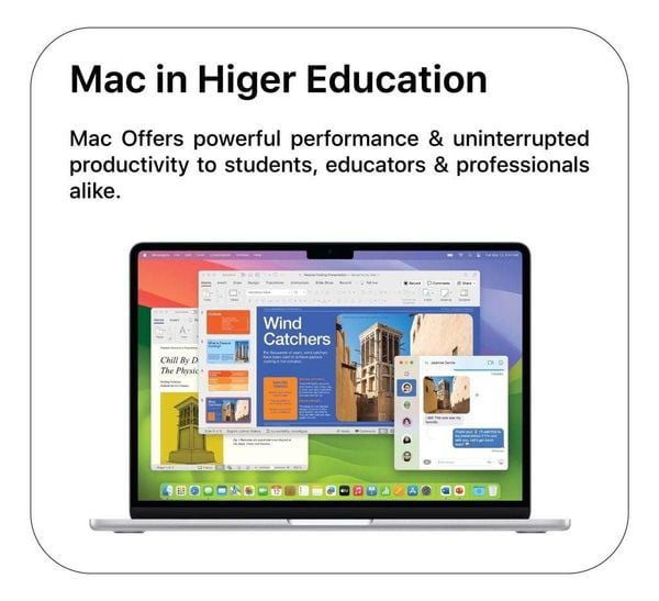 Mac in Higher Education card showing MacBook with educational content on the screen.