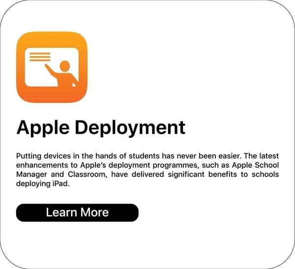 Apple Deployment card with orange icon and “Learn More” button.