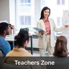 Teachers Zone image showing a teacher presenting to students in a classroom.
