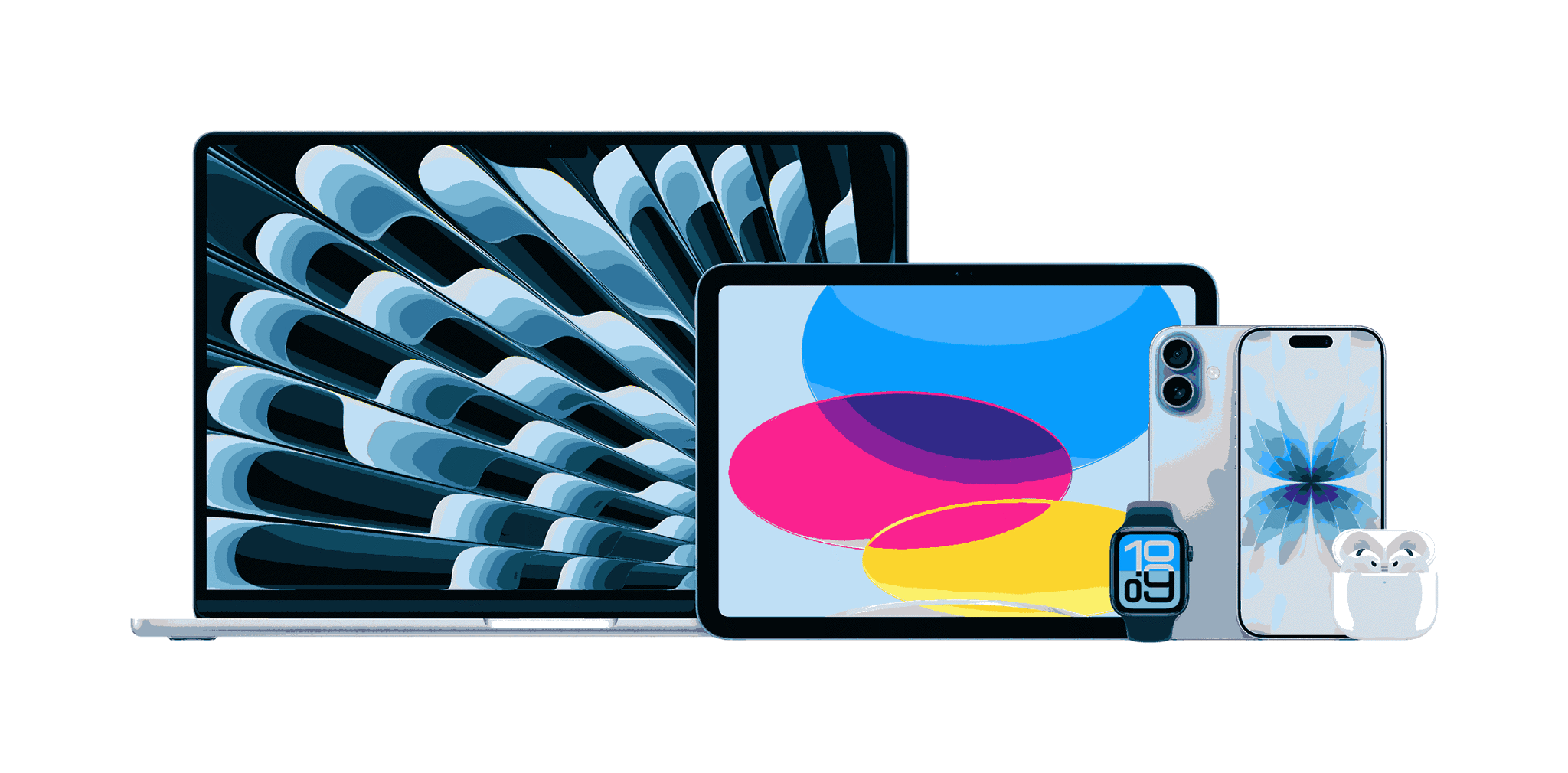 Multiple Apple products (MacBook, iPad, iPhone, Watch) arranged together.