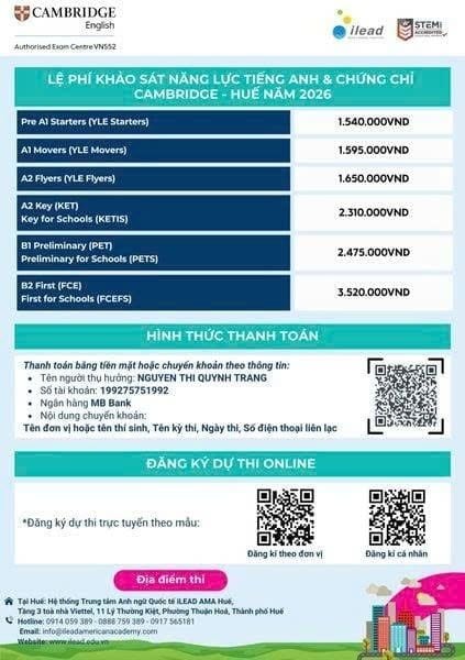 Lệ phí thi Cambridge theo từng cấp độ mới nhất 2026