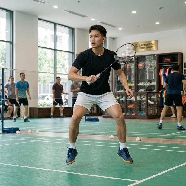 Kỹ thuật split-step trong cầu lông — nhảy nhỏ tại chỗ để phản ứng nhanh hơn khi đối thủ vung vợt đánh cầu