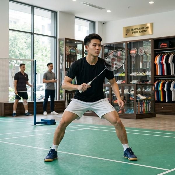 Tư thế chuẩn bị cơ bản trong cầu lông — gối khuỵu, trọng tâm thấp, sẵn sàng di chuyển mọi hướng