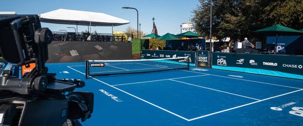 Sân pickleball tiêu chuẩn — kích thước 13.4m x 6.1m với khu vực Kitchen NVZ và ô giao bóng