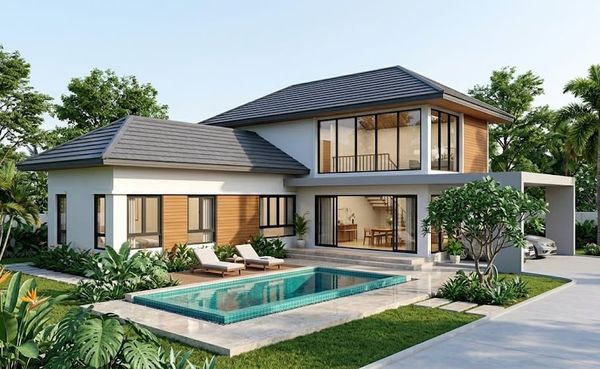 Mẫu nhà cấp 4 hình chữ L 3 phòng ngủ có gác lửng