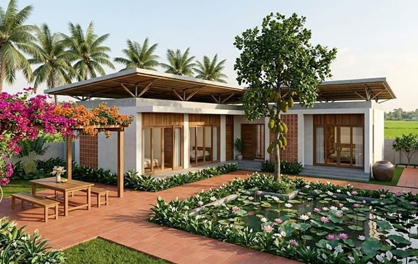 Mẫu&nbsp;nhà cấp 4 chữ L&nbsp;3 phòng ngủ kết hợp sân vườn