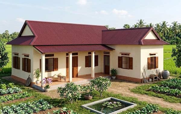 Mẫu nhà cấp 4&nbsp;chữ L 3 phòng ngủ mái tôn