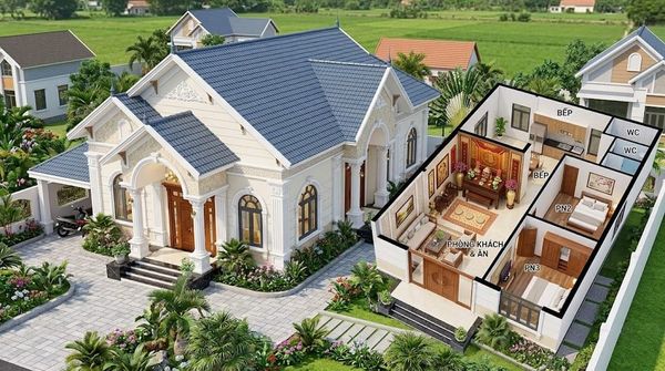 Mẫu nhà cấp 4 đẹp 100m2 3 phòng ngủ 1 thờ tân cổ điển