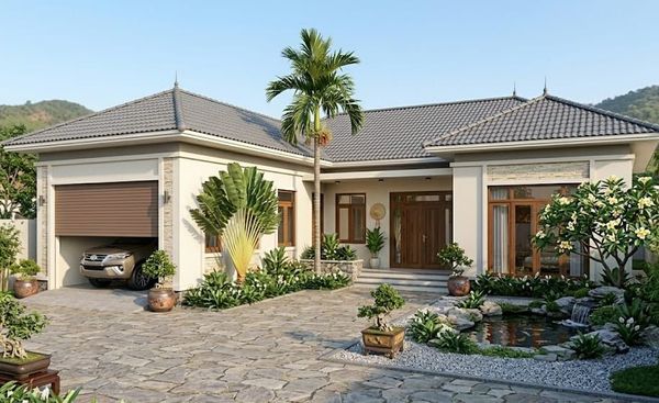 Mẫu nhà cấp 4 hình chữ L 3 phòng ngủ có gara ô tô