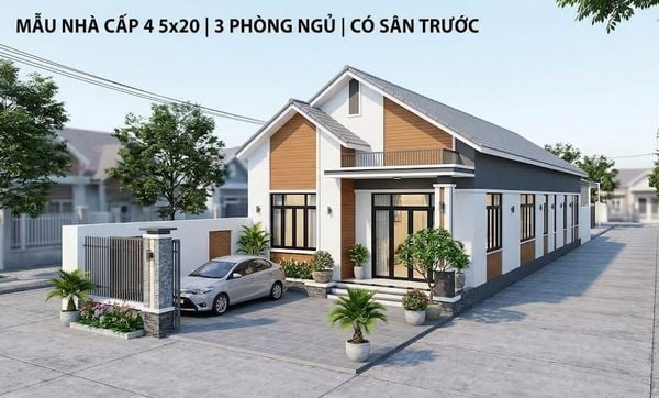 Mẫu&nbsp;nhà cấp 4 3 phòng ngủ 5x20 có sân trước