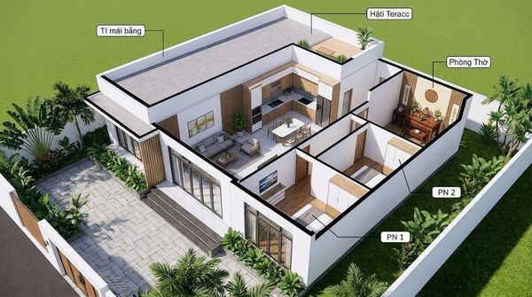 Mẫu nhà cấp 4 100m2 3 phòng ngủ 1 thờ mái bằng