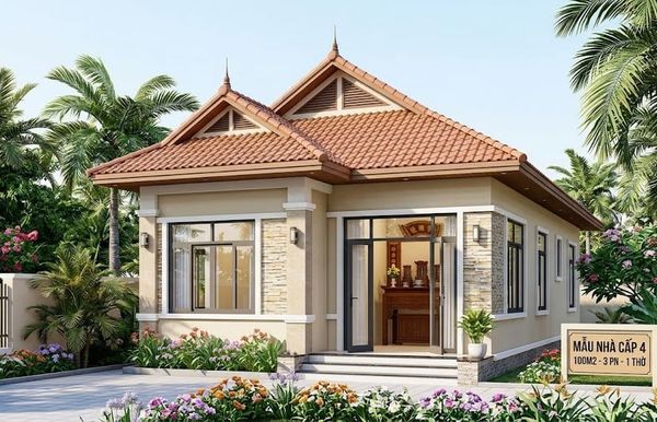 Mẫu nhà cấp 4 100m2 3 phòng ngủ 1 thờ mái Thái