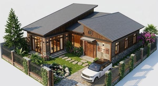 Mẫu nhà cấp 4 120m2 4 phòng ngủ 1 thờ mái lệch