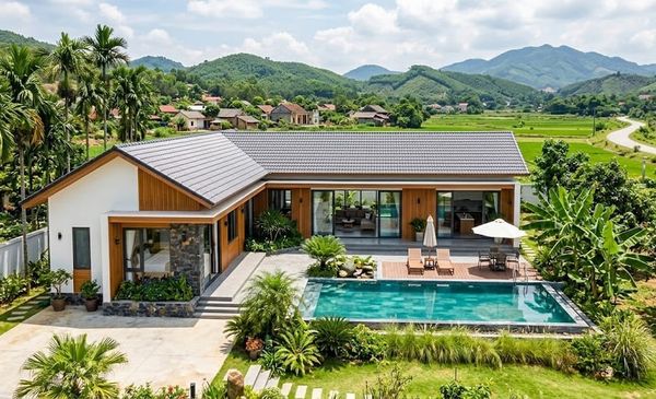 Thiết kế nhà cấp 4 chữ l 3 phòng ngủ có hồ bơi