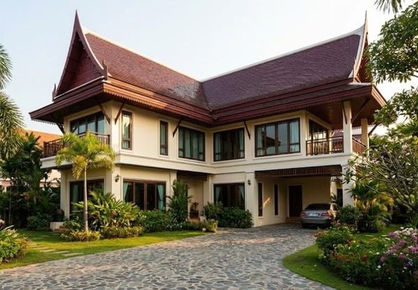Mẫu nhà mái Thái 2 tầng 4 phòng ngủ chữ L