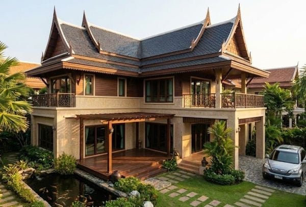 Mẫu nhà mái Thái 2 tầng 4 phòng ngủ chữ L