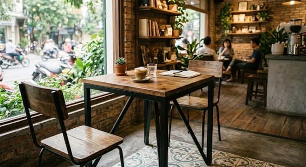 Bàn cafe chân sắt mặt gỗ vuông