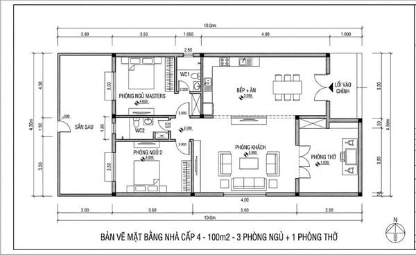 Bản vẽ nhà cấp 4 3 phòng ngủ 100m2