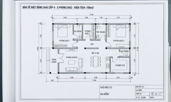 bản vẽ nhà cấp 4 3 phòng ngủ 100m2