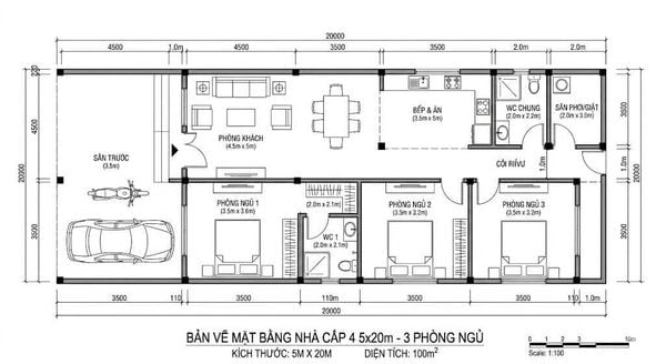 Bản vẽ nhà cấp 4 5x20 3 phòng ngủ