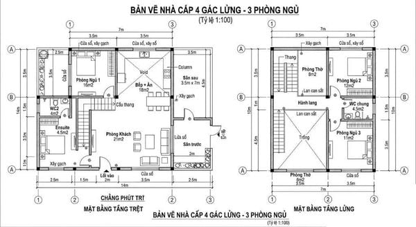 Bản vẽ nhà cấp 4 gác lửng 3 phòng ngủ