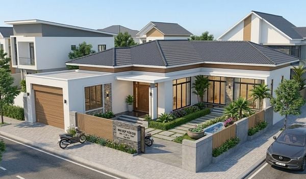 Mẫu nhà cấp 4 120m2 4 phòng ngủ 1 thờ tích hợp gara ô tô