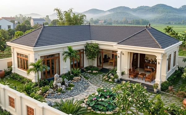 Nhà cấp 4 hình chữ L 3 phòng ngủ kiểu biệt thự mini