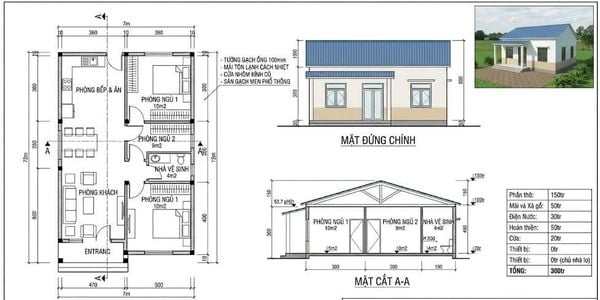 Bản vẽ&nbsp;thiết kế nhà cấp 4 3 phòng ngủ 300 triệu