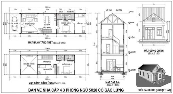 Bản vẽ nhà cấp 4 5x20 3 phòng ngủ có gác lửng